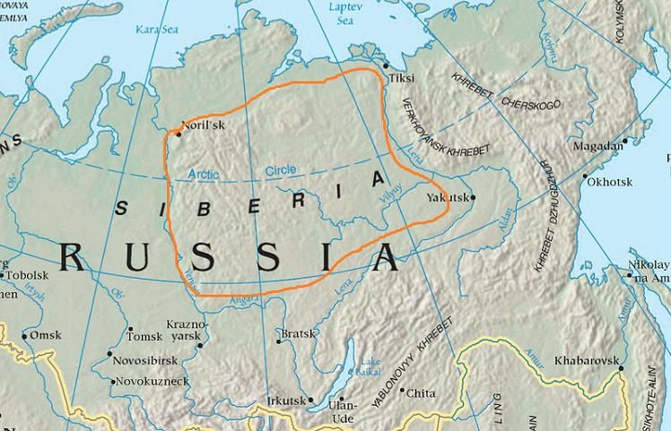 Среднесибирское плоскогорье на карте России Среднесибирское плоскогорье на карте